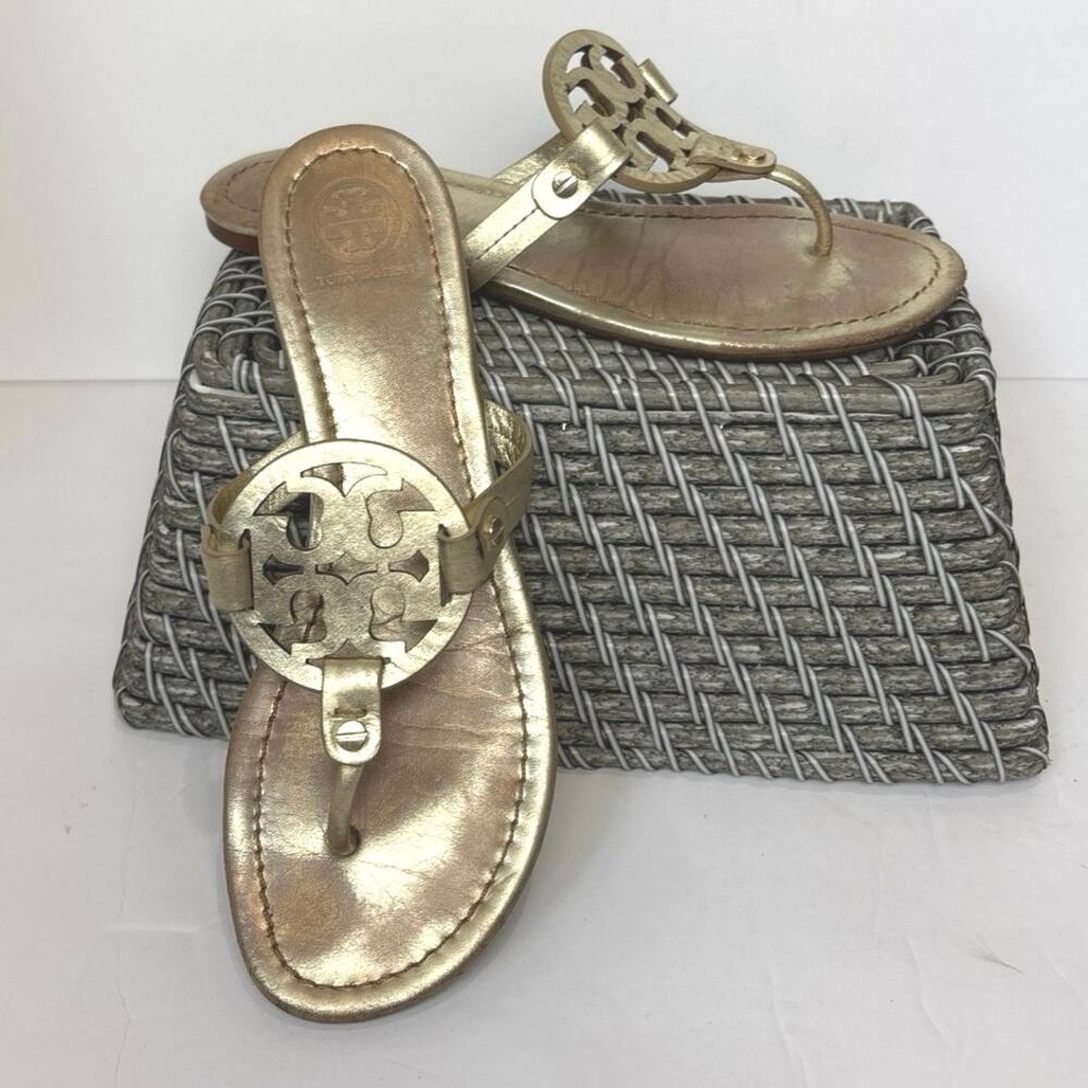 Tory Burch Miller Metallic Spark Gold Leather Logo Women's Sandals Size 8